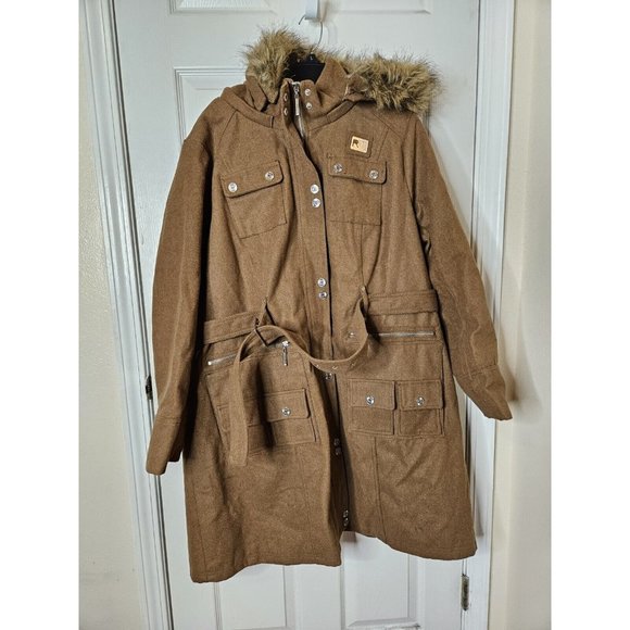 Rocawear Trench Retro Hip Hop 90s Hooded trench Coat Size 2XL Wool Blend Womens - Picture 1 of 16